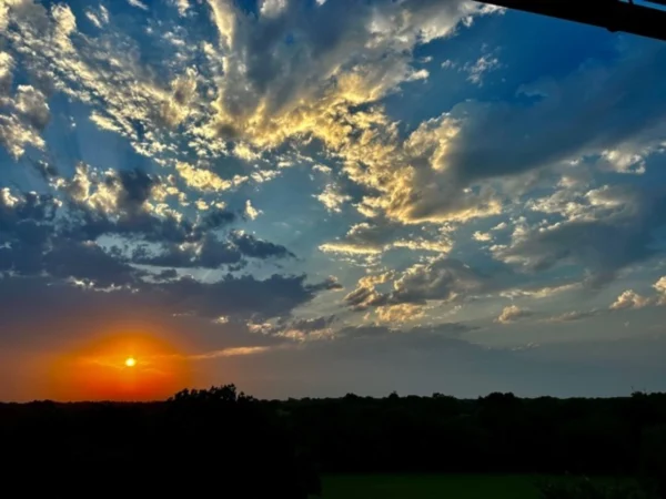 A sunset with clouds in the sky and trees.